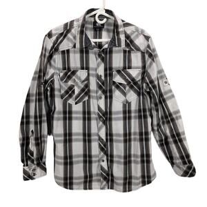 Rock & Republic Shirt Mens Large Button Up Brown White Plaid Long sleeve Western